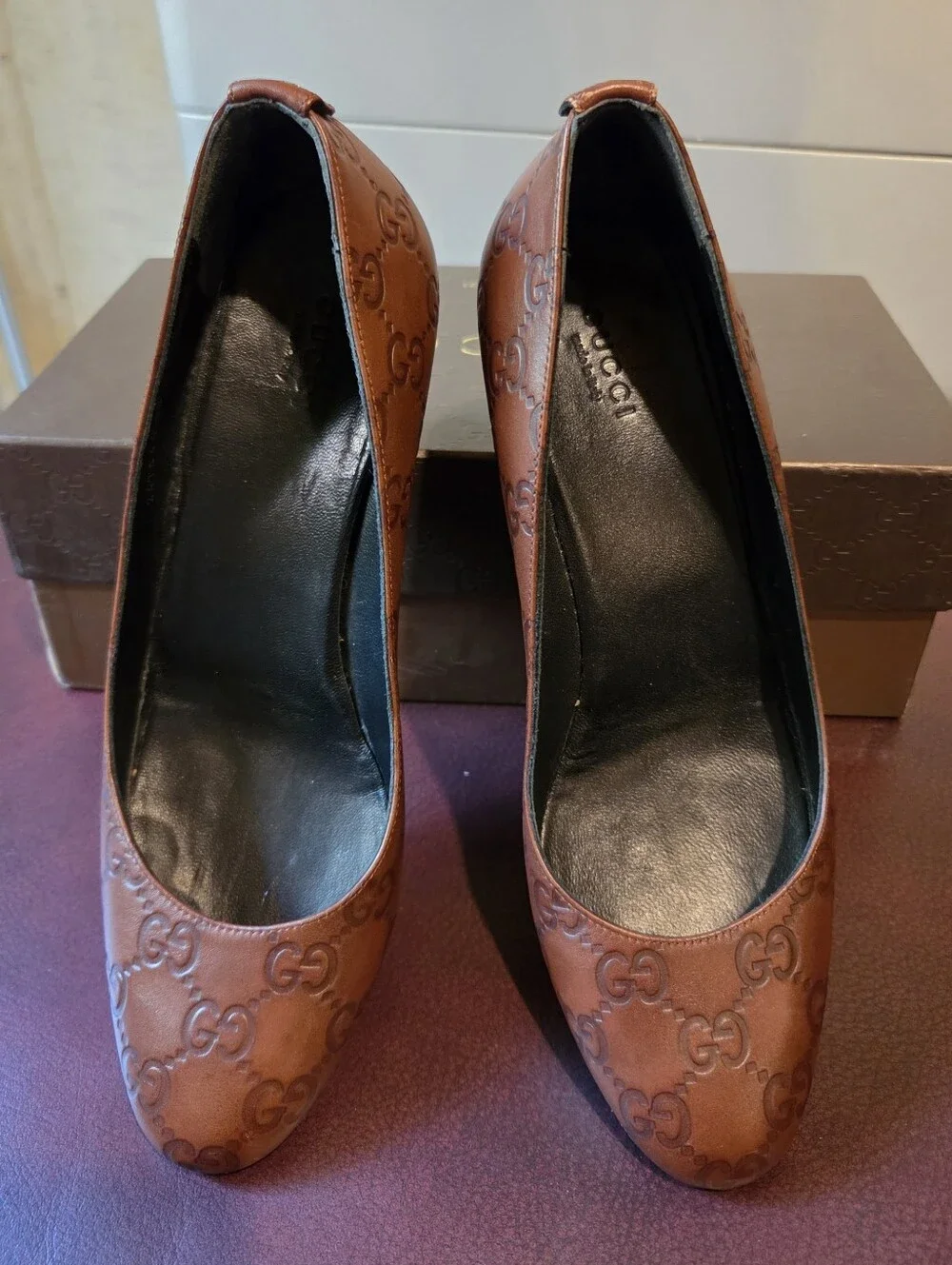GUCCI Brown Leather GG Logo Wedge Pumps Shoes Women Size 38 US 7.5